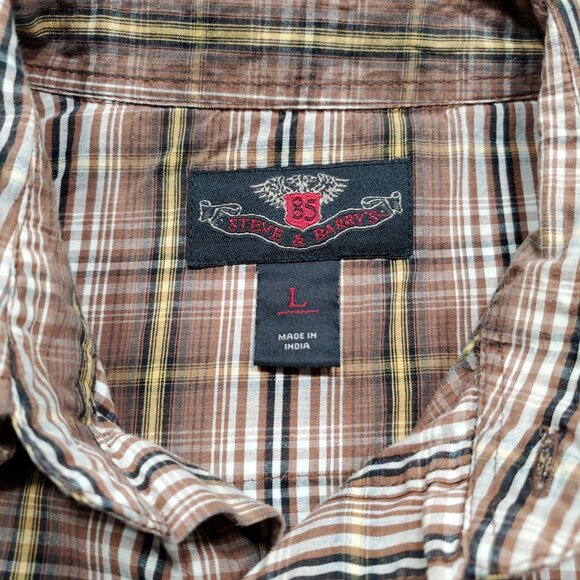Steve & Berry's Western Pearl Snap Plaid Shirt 2 Pckt Brown Yellow Black Mn Sz L - Picture 3 of 10